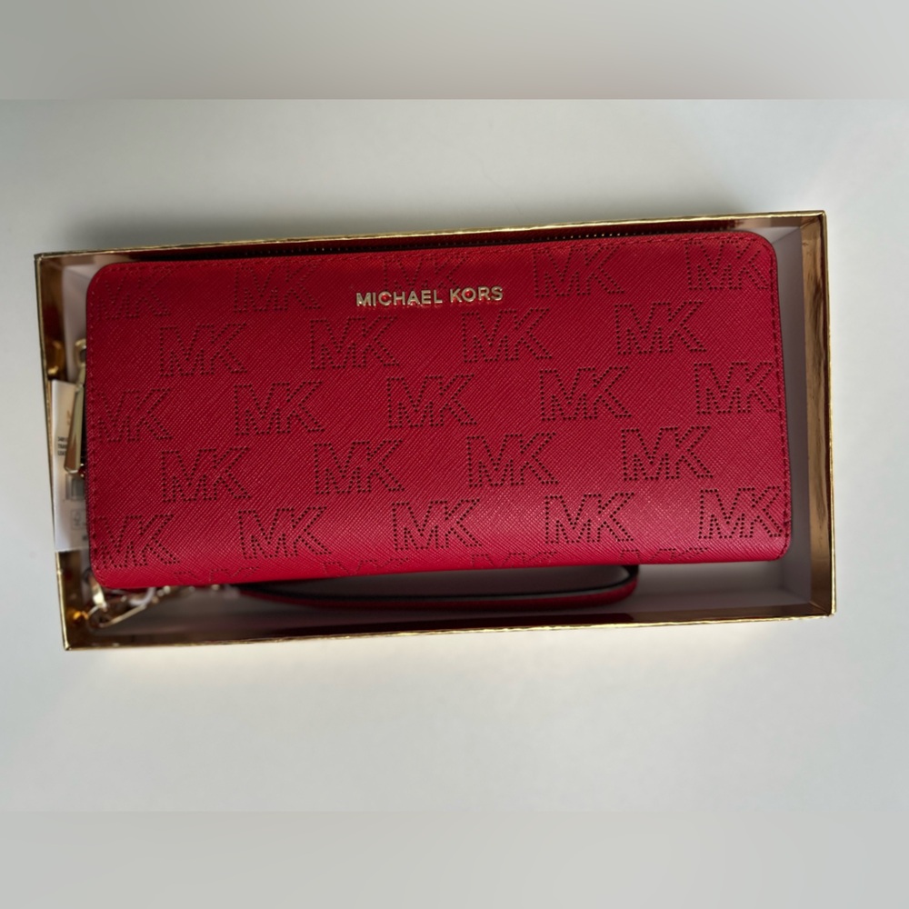 New Michael Kors Continental Travel Wallet Jet Set Large Crimson Red Leather - Picture 4 of 12
